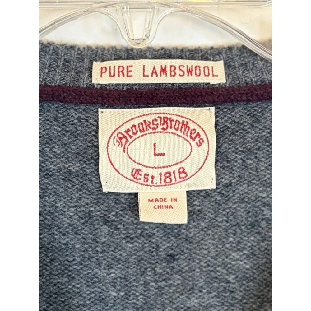 BROOKS BROTHERS Gray V Neck Lambswool Sweater Men Large Knit Pullover Preppy